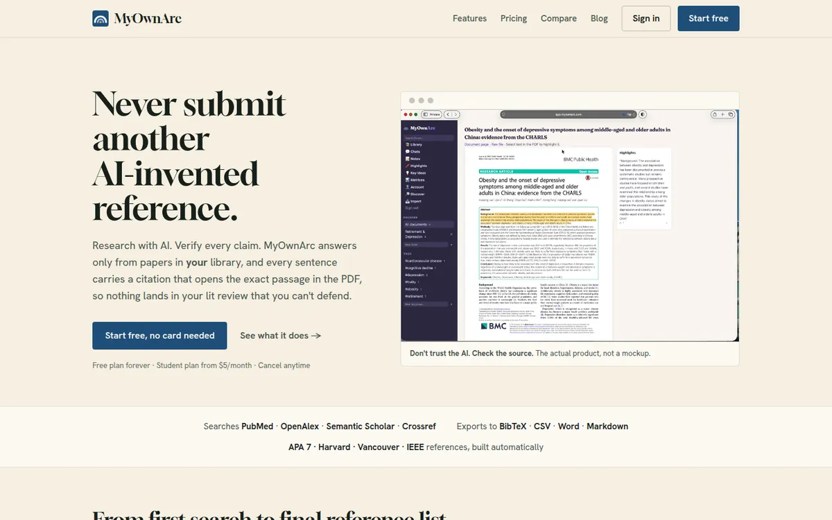 MyOwnArc's home page: Never submit another AI-invented reference, with the app answering from a paper in its library