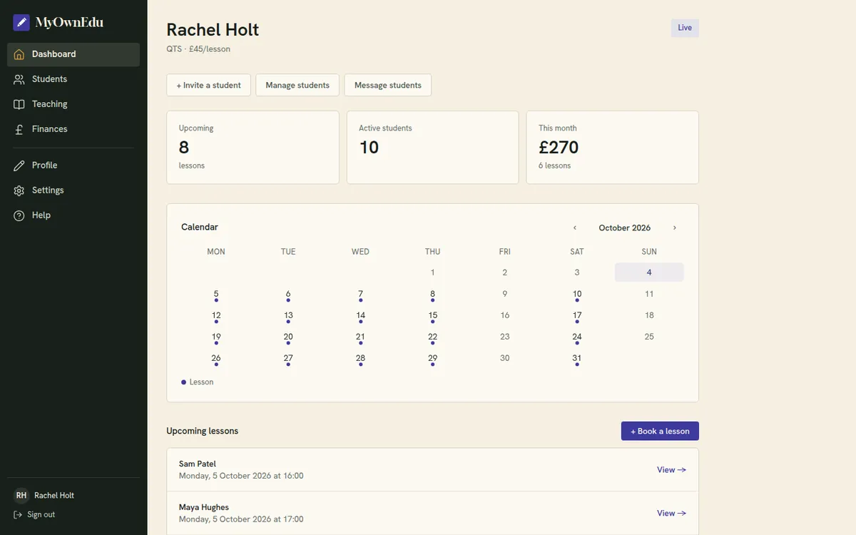 MyOwnEdu: a tutor's dashboard with lessons booked across the month, active students, this month's takings and the next lessons