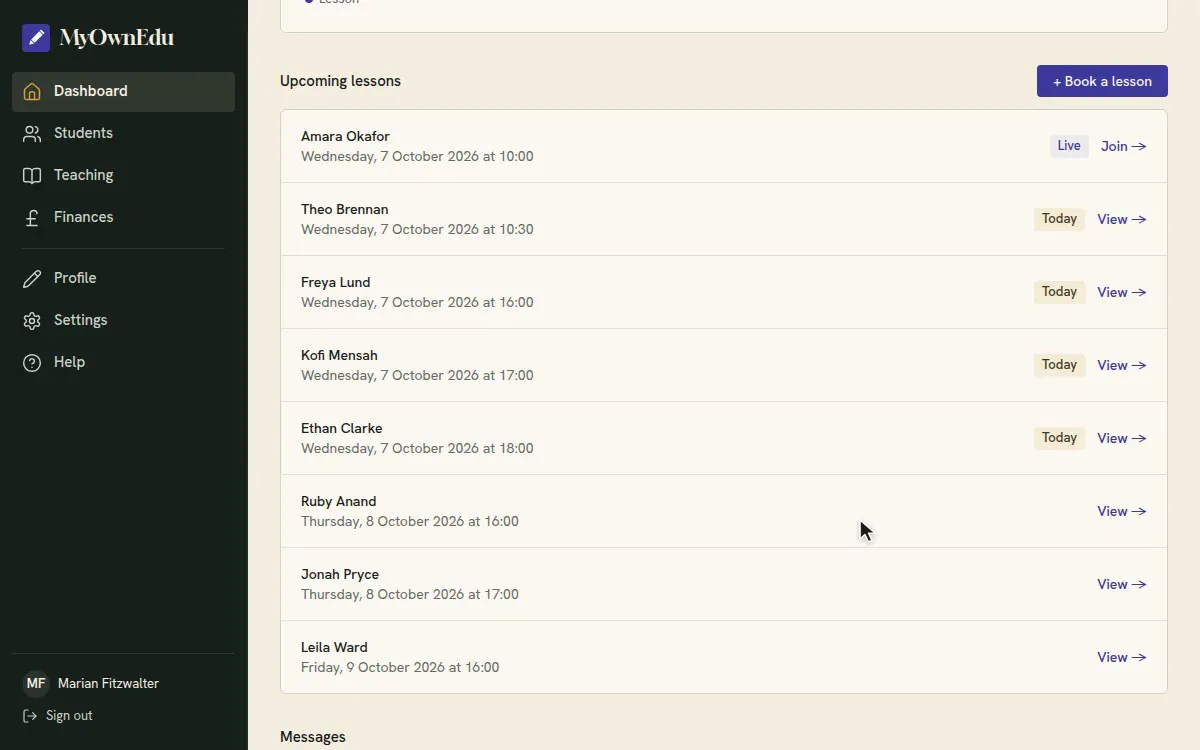 MyOwnEdu, a 29-second run-through: a tutor&rsquo;s dashboard with a lesson going live, the day&rsquo;s lessons in the agenda, a student&rsquo;s progress charts and shared lesson notes, and earnings where the student paid &pound;35 and the tutor received &pound;35.