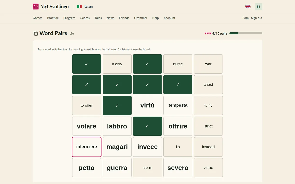 MyOwnLingo's Word Pairs game in Italian at B1: match each word to its meaning, three mistakes close the board