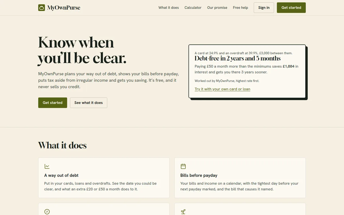MyOwnPurse's home page: Know when you&rsquo;ll be clear, beside a worked example of a card and an overdraft paid off in 2 years and 5 months