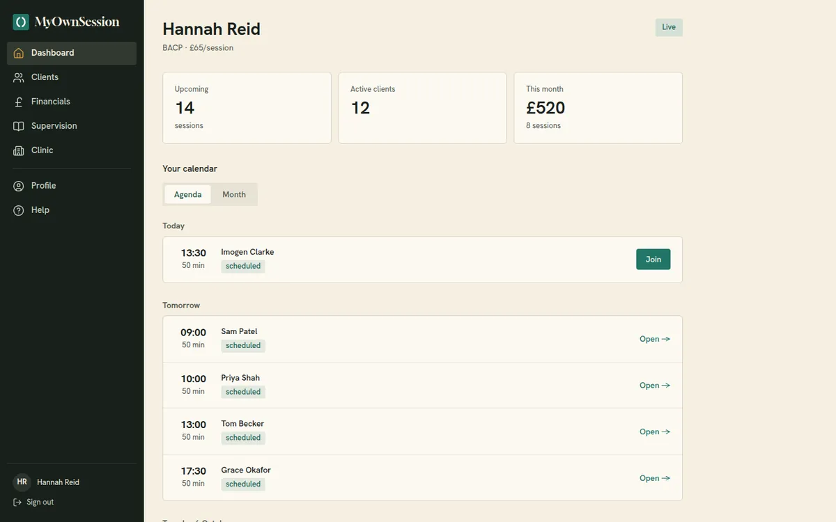 MyOwnSession: a therapist's dashboard with the week's sessions, active clients, this month's takings and a Join button for the next session