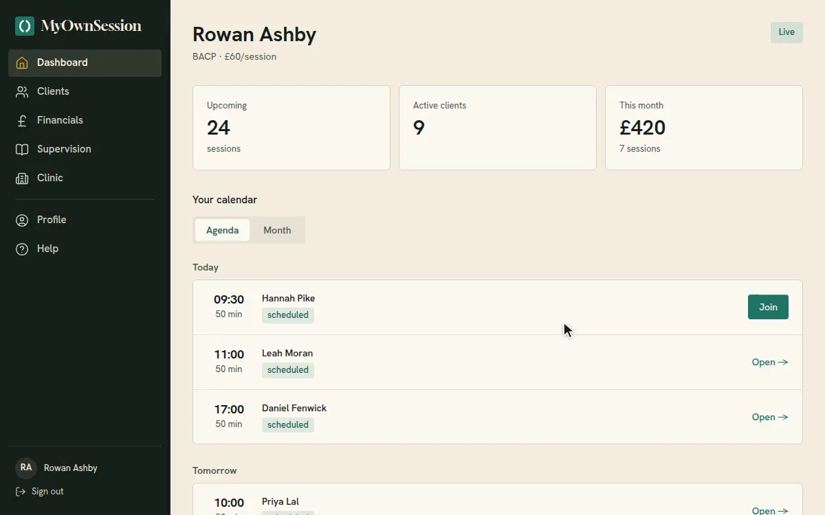 MyOwnSession, a 33-second run-through: a therapist&rsquo;s dashboard with today&rsquo;s sessions and Join on the next one, the month calendar, a client&rsquo;s notes and the questionnaire scores kept with them, six months of payouts, and the practice&rsquo;s own booking page with a day&rsquo;s open times.