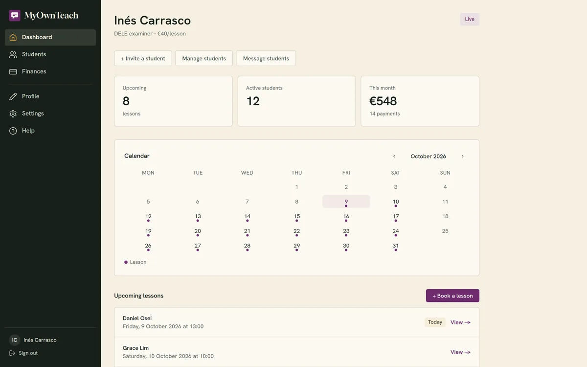 MyOwnTeach: a Spanish teacher's dashboard with 8 upcoming lessons, 12 active students, &euro;548 taken this month, a calendar of lessons booked across October and today's next two lessons