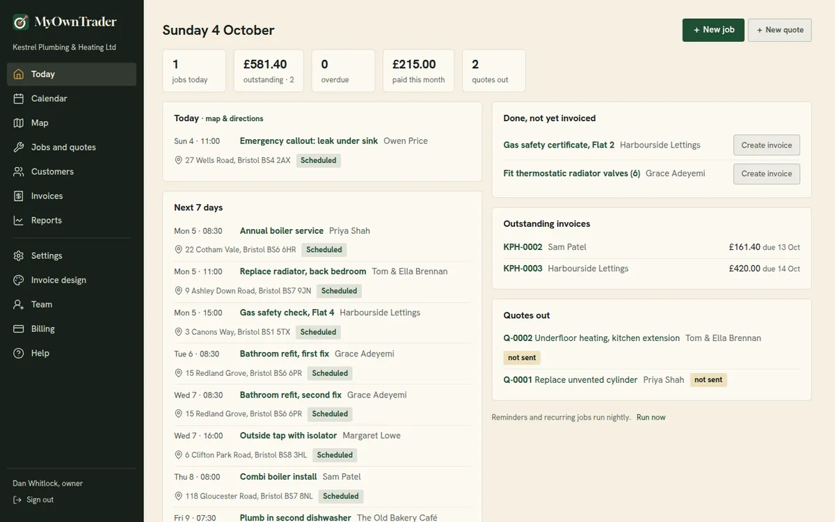 MyOwnTrader's Today page: the day's jobs, the next seven days, invoices to send and quotes out